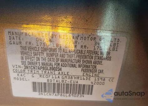 2016 Nissan Versa 1.6 Sv from USA, damaged, VIN 3N1CN7AP8GL890234